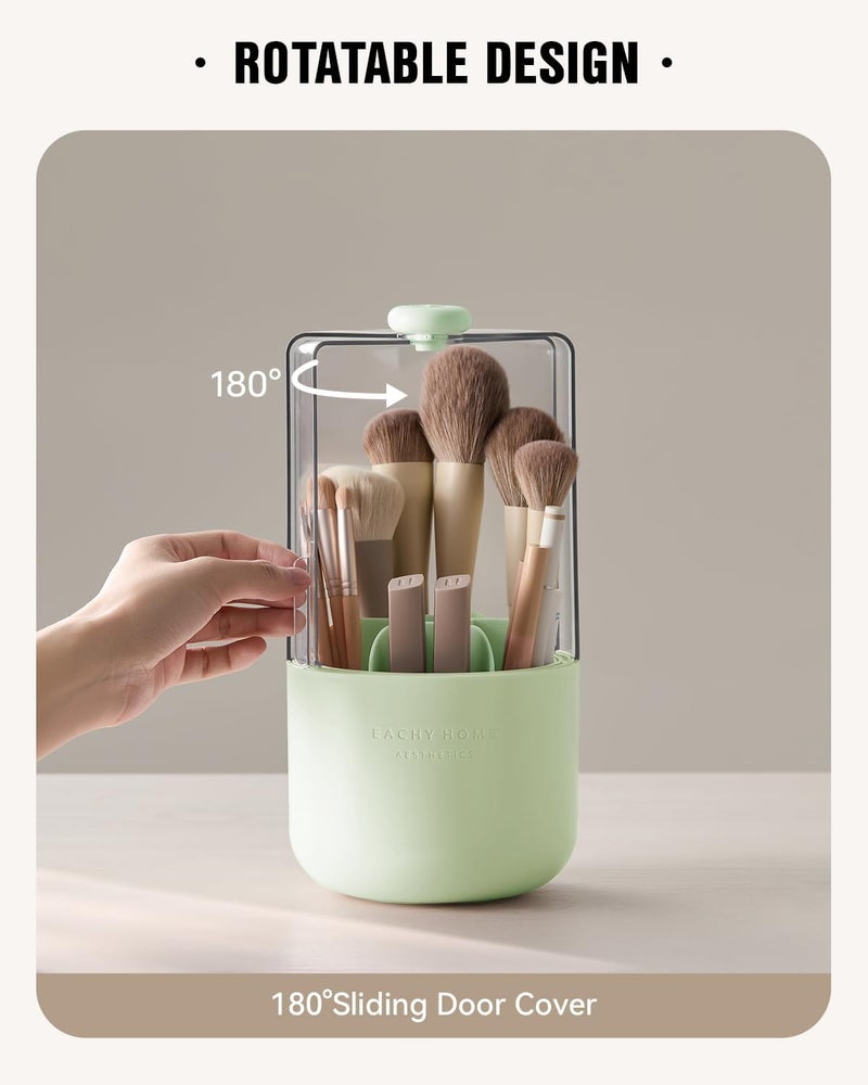 EACHY Makeup Brush Holder 360° Rotating with Dustproof Lid, Waterproof Material, 7 Compartments for Organized Storage, Stylish and Durable Design for Vanity (Green) - Image 3